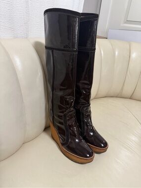 Yves Saint Laurent Glossy Dark Brown Patent Over-the-Knee Wedge Boots
